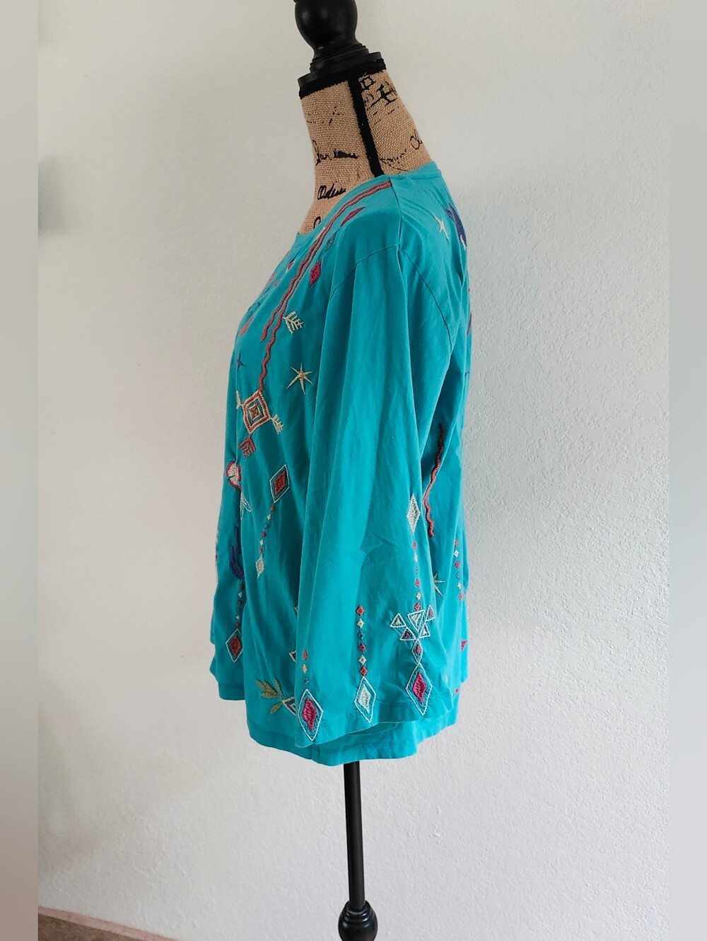 Johnny Was Turquoise Embroidered Long Sleeve Top Sz XL - Picture 3 of 6